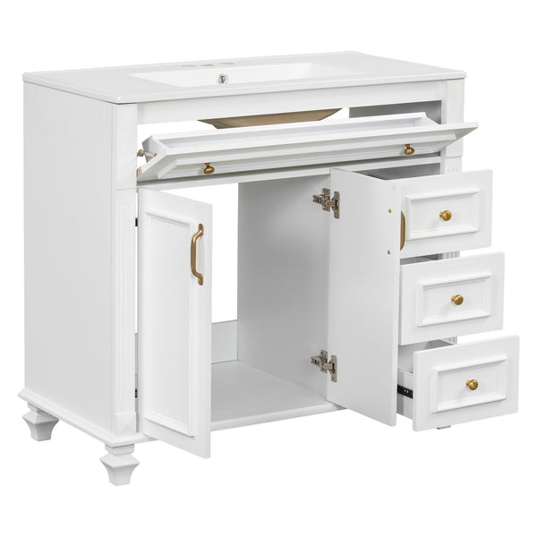 English Elm 36" Modern Bathroom Vanity with Ceramic Sink, Gold Handles, Flip-Out Drawer & Soft-Close Doors White N725P283623K