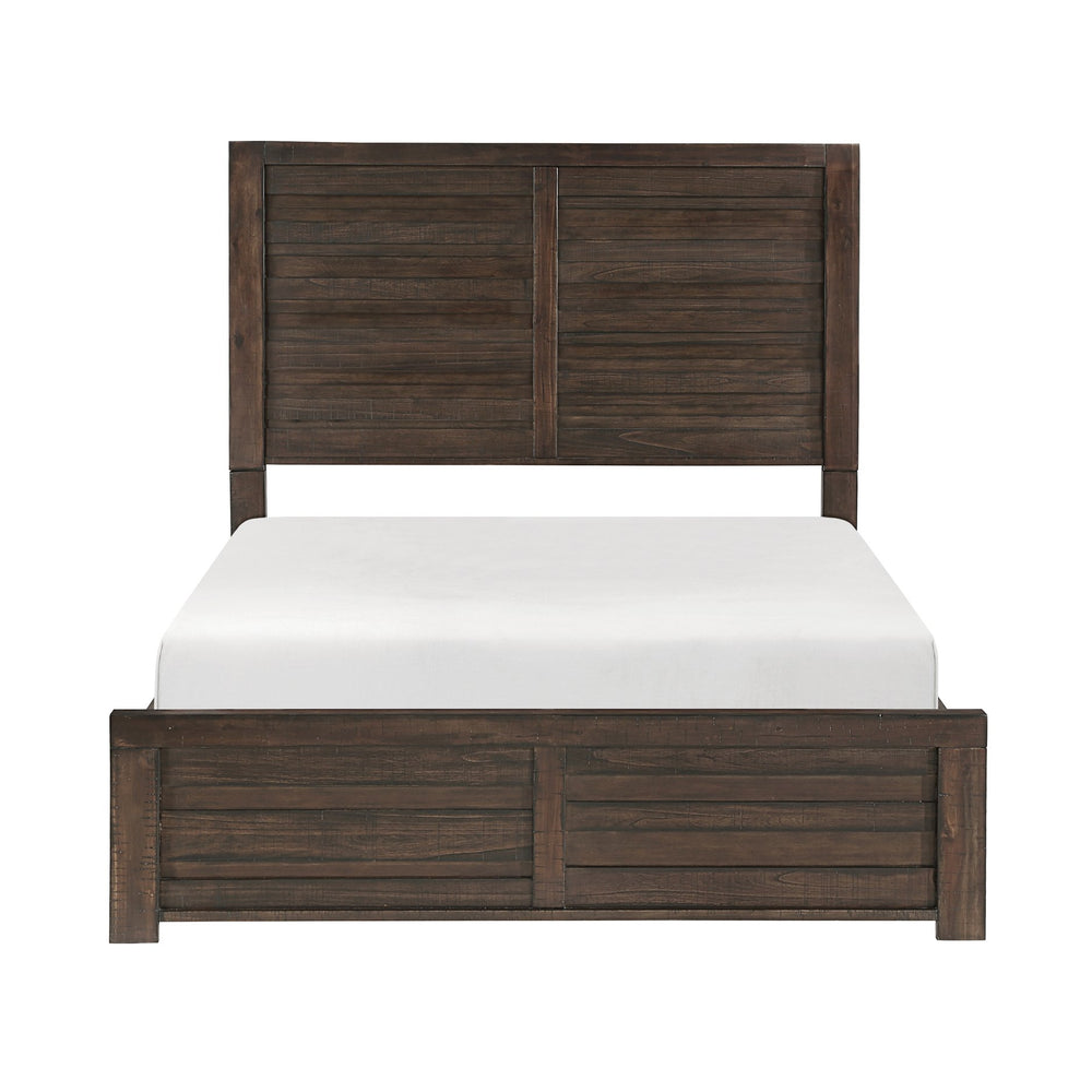 English Elm Rustic Longview Full Bed with Planked Panel Headboard and Low Profile Footboard, Birch Veneer Finish Dark Brown 61.25 L x 40.5 W x 5.5 H B011S01253