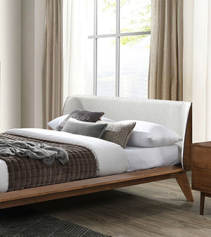 English Elm Gorgeous Mid-Century 3pc Queen Bedroom Set with Beige Boucle Winged Headboard and Tapered Legs Walnut 83 L x 11 W x 8 H B2741S00471