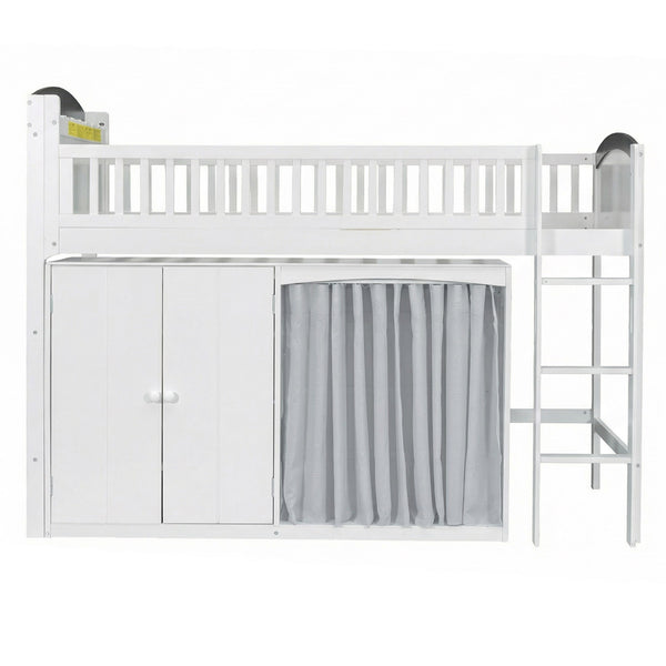 English Elm Twin Loft Bed with Wardrobe Cabinet Led Lighting and Pine Frame for Kids Rooms White N7090002235K