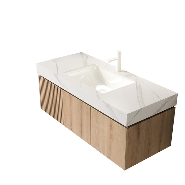 English Elm Muri Floating Bathroom Vanity Plywood Cabinet Sintered Stone Top Oak Woodgrain W2615S00622