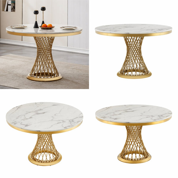 English Elm 47" Round Faux Marble Dining Table Mirror Polished Steel Base Seats Four Modern W3456S00056