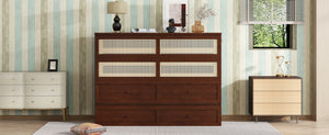 English Elm Queen Size Murphy Bed - Stylish Walnut Pine Cabinet With Rattan Accents & Full-Width Storage Drawer W504S00231-GIGA