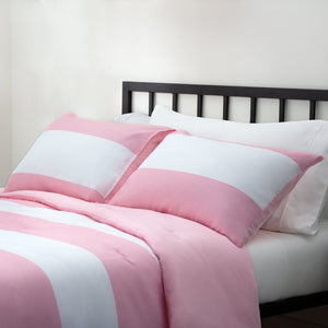 English Elm Linenspa Reversible Microfiber Comforter Set Cal King Pink & White Rugby Stripe with Shams, Hypoallergenic Fill B350P326215