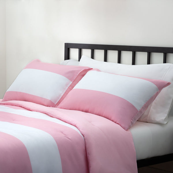 English Elm Linenspa Reversible Microfiber Comforter Set Cal King Pink & White Rugby Stripe with Shams, Hypoallergenic Fill B350P326215