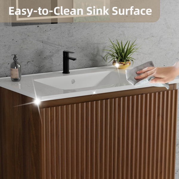 English Elm 30 Inch Floating Bathroom Vanity Fluted Wood Grain Front with Ceramic Integrated Sink Walnut W3520S00028