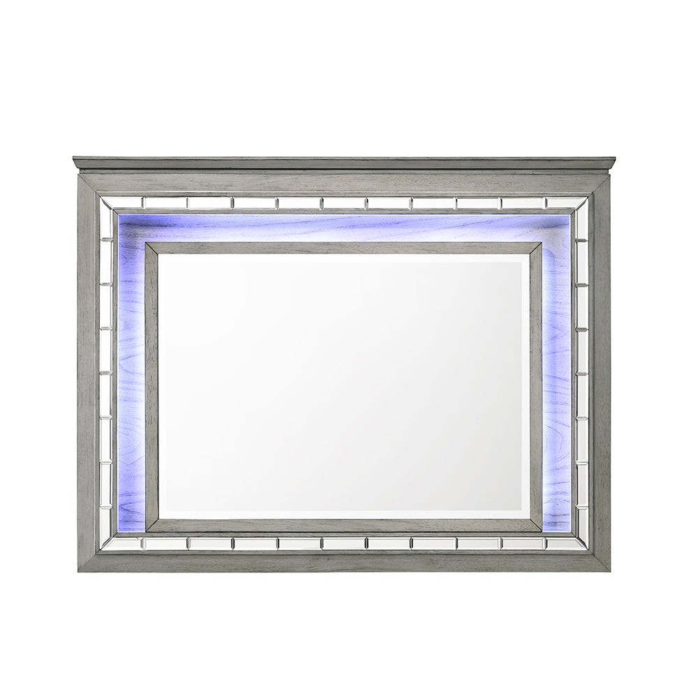 English Elm Antares Light Gray Oak Mirror with Touch LED Lighting, 24"x33" Beveled Edge Modern Wall Accent B2726P257362