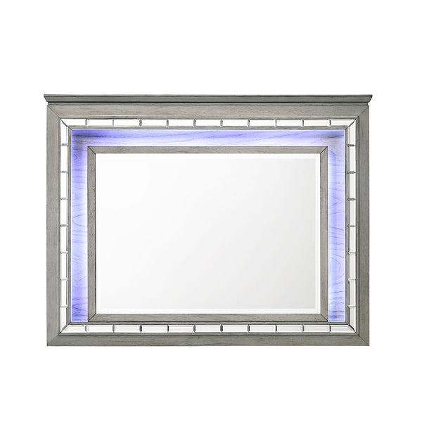 English Elm Antares Light Gray Oak Mirror with Touch LED Lighting, 24"x33" Beveled Edge Modern Wall Accent B2726P257362