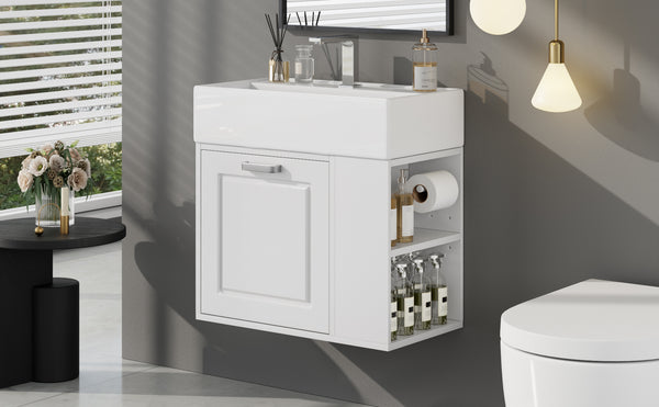 English Elm Christopher Knight Home® - 21.8" Wall-Mounted Bathroom Vanity with Ceramic Sink, Soft-Close Drawer, Adjustable Shelves & Tissue Holder White N759P292550K