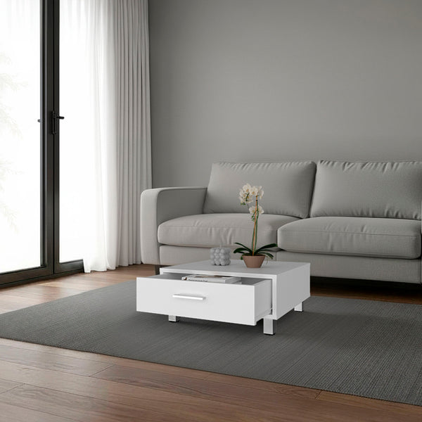 English Elm Berd Square Coffee Table with Hidden Drawer Open Metal Legs Modern Living Room B128P485428