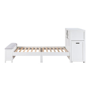 English Elm Gray Twin Platform Bed with Bookcase Headboard Hidden Desk Stool and Footboard Bench White B011S02324