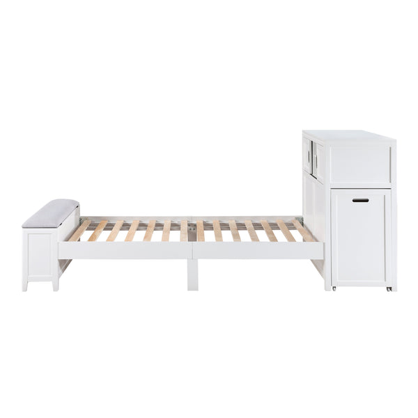 English Elm Gray Twin Platform Bed with Bookcase Headboard Hidden Desk Stool and Footboard Bench White B011S02324