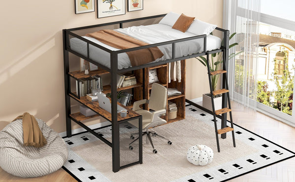 English Elm Full Full Size Metal Loft Bed with Built-In Desk, Wardrobe & Shelves in Black — Space-Saving, Sturdy Design (Fits 6" Mattress) GX001134AAB