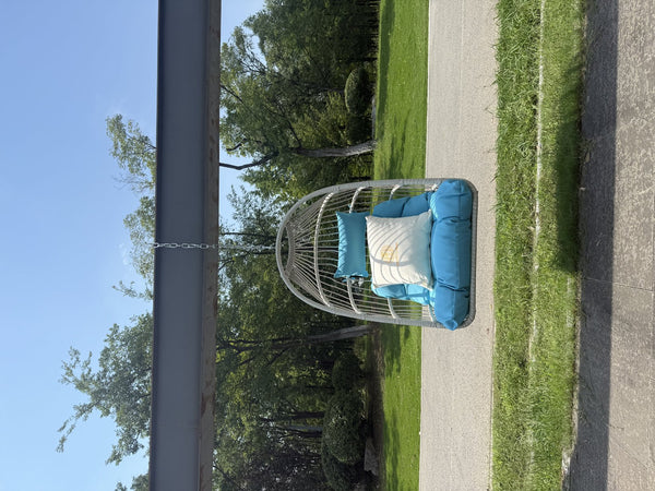 English Elm Outdoor Blue Rattan Egg Swing Chair - Weather-Resistant, Comfortable, Foldable & Easy To Install W2500P364241