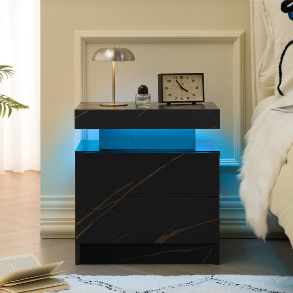 English Elm Nightstand LED Bedside Table with Adjustable Multi-Color Lights, Sleek Modern End Table for Bedroom Black+Gold 22.83 L x 16.93 W x 7.68 H W2178138741