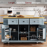 English Elm K&K 53Inch Large Kitchen Island With Drop Leaf,Power Outlet,Door Internal Storage Rack,Rolling Kitchen Cart On 5 Wheels With 5 Open Side Racks For Kitchen,Dining Room,Grey Blue(Not Include Bar Stools)