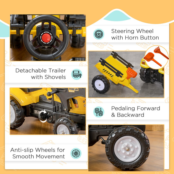 English Elm Aosom Kids Pedal Excavator with Functional Bucket Six Wheels and Detachable Cargo Trailer W2225P249789