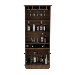 English Elm Dundee Tall White Bar Cabinet with Glass Panel Doors Open Cubbies and Display Shelves B200S00384