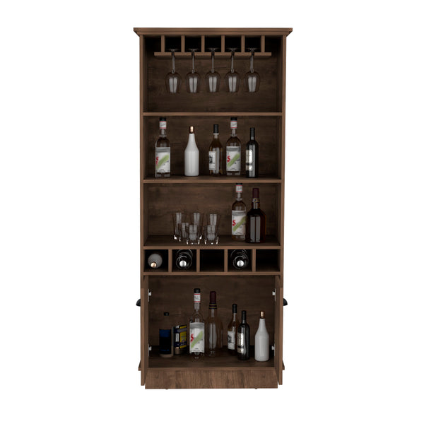 English Elm Dundee Tall White Bar Cabinet with Glass Panel Doors Open Cubbies and Display Shelves B200S00384