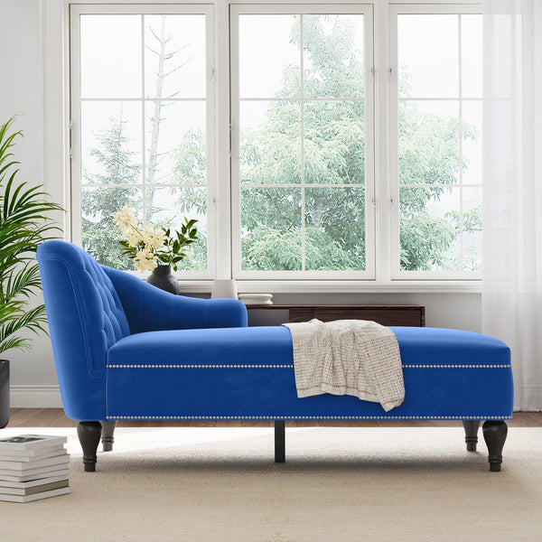 English Elm 58'' Velvet Chaise Lounge Tufted Right Arm Sleeper with Nailhead Trim Turned Wood Legs N723P431292C