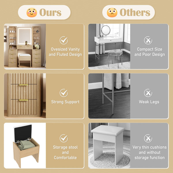 English Elm 43.5" Fluted Makeup Vanity with Led Mirror Glass Top Gold Hardware and Storage Stool Oak N704G202305N