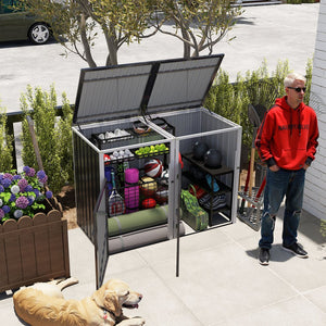 English Elm Garbage Bin Shed Galvanized Steel Enclosure for Two Cans Outdoor Weather Resistant Dark Gray W1598P357714