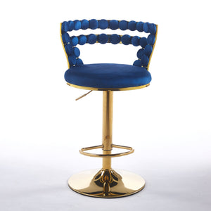 English Elm Modern Glam Pub Set with Marble Top Round Table and Two Adjustable Stools Gold+Blue W234S00135