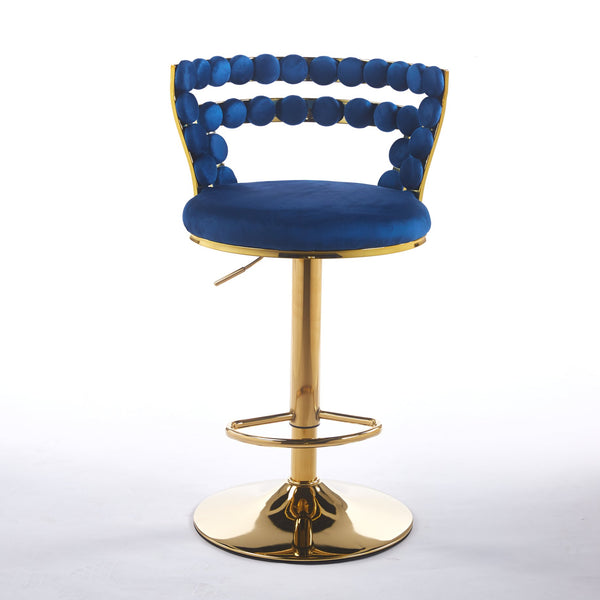 English Elm Modern Glam Pub Set with Marble Top Round Table and Two Adjustable Stools Gold+Blue W234S00135