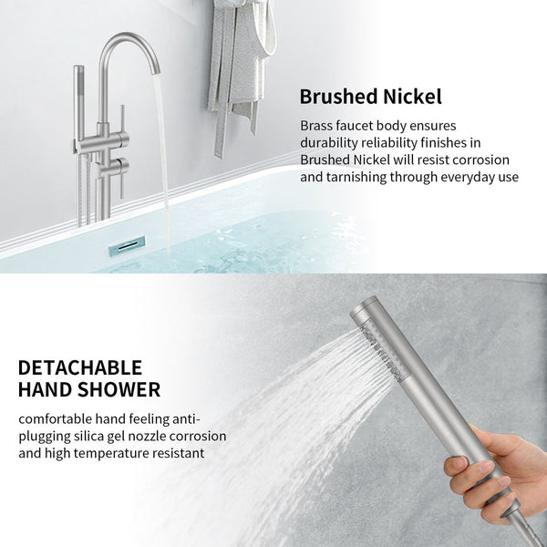 English Elm Floor Mount freestanding bathtub faucet with matte black finish, high-flow single-handle tub filler with handheld shower and 360° swivel spout, durable stainless steel and brass construction Brushed Nickel T3177P277533