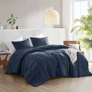 English Elm 3-piece Cal King Pintuck Pleated Microfiber Comforter Set Soft Washed Tailored Bedding Navy B035P463227