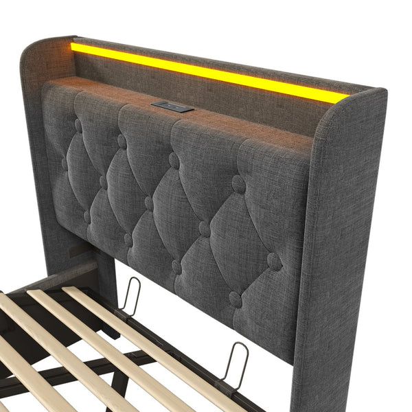 English Elm Twin Upholstered Bed with Hydraulic Storage, Surround LED, App/Remote Control & USB Type-C Charging Gray N736P188805G