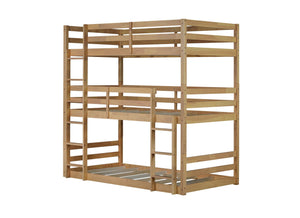 English Elm Triple Rubber Wood Bunk Bed with Built-In Ladders and Guardrails Maximizes Space for Families, Durable Design White Oak W504S00176