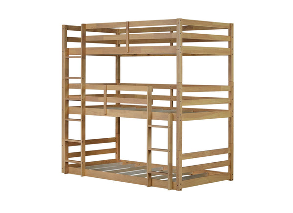 English Elm Triple Rubber Wood Bunk Bed with Built-In Ladders and Guardrails Maximizes Space for Families, Durable Design White Oak W504S00176