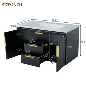 English Elm 36'' Wall Mounted Bathroom Vanity with Sink, Floating MDF Cabinet, 2 Drawers, Rust-Resistant Handles Black N710P253035B