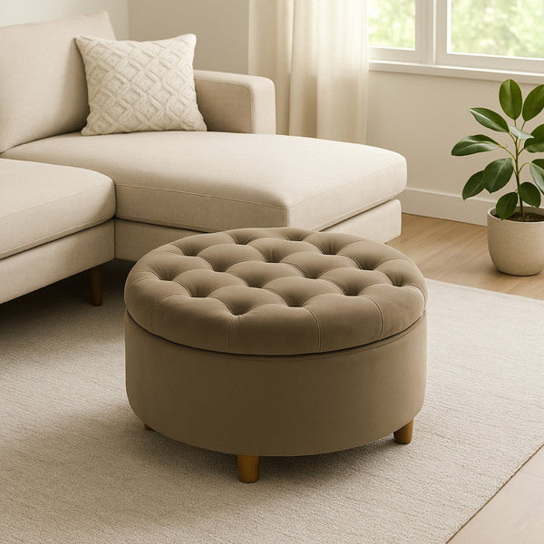 English Elm Jo Round Velvet Storage Ottoman Tufted Lift Top with Walnut Legs for Living Room Brown Multi B056P416971