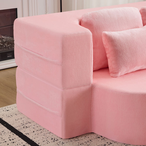 English Elm Queen Foldable Sofa Bed with Plush Chenille Cover, High-Density Foam Convertible Futon for Living Room Guest Room Bedroom Pink W1829P348205