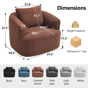 English Elm 360° Swivel Barrel Chair Teddy Fleece Upholstery with Pillow for Bedroom Reading Nook Brown W1803P362981