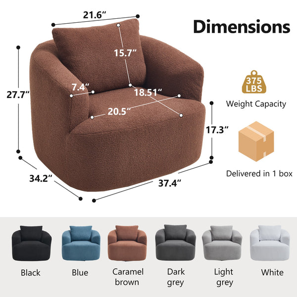 English Elm 360° Swivel Barrel Chair Teddy Fleece Upholstery with Pillow for Bedroom Reading Nook Brown W1803P362981