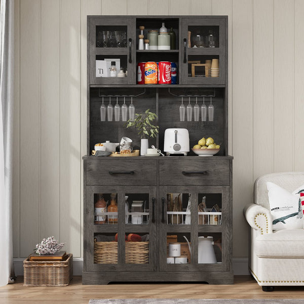 English Elm Pantry Hutch with Fluted Mdf Panels Charging Station Pegboard and Open Shelving T3773P416041