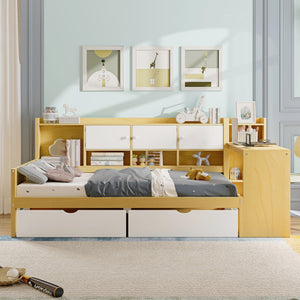 English Elm Wooden L-shape Twin Bed with Study Desk Bookshelf and Nine Storage Cabinets N733S247070M