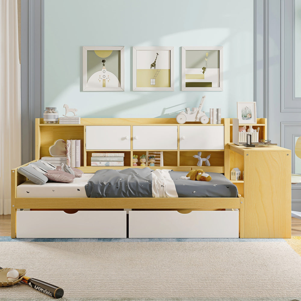 English Elm Wooden L-shape Twin Daybed with Desk Bookshelf and Nine Storage Compartments N733S351668M