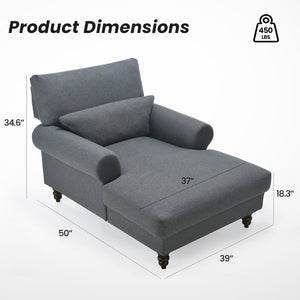 English Elm Upholstered Chaise Lounge Rolled Arms Reclining Back Foam Cushion Elegant Wood Feet Dark Grey T3623P411639