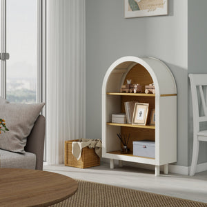 English Elm Arched Three Tier Bookshelf White Frame Woodgrain Shelves Modern Storage for Any Room W2557P428368