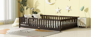 English Elm Queen Rubber Wood Floor Bed with Full Perimeter Safety Fence and Hinged Access Door Espresso W504P429342