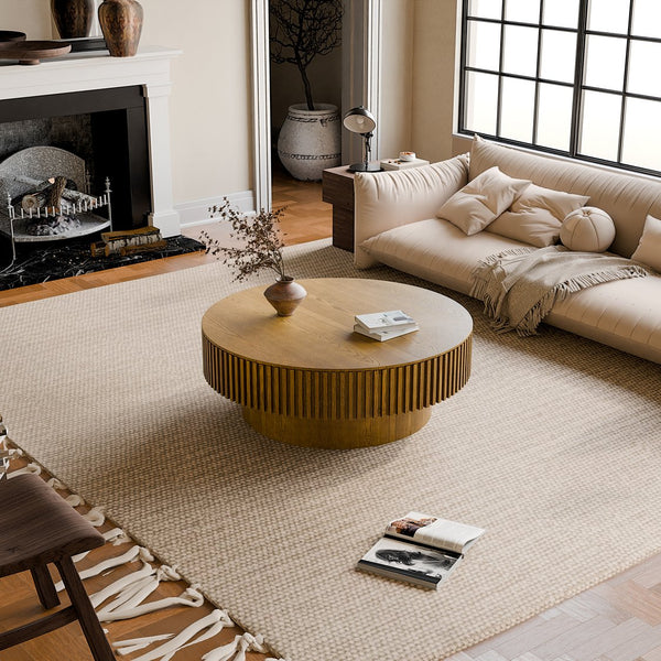 English Elm 39.37'' Fluted Drum Round Coffee Table Lift Top Hidden Storage Wood Veneer Modern W1435P409016