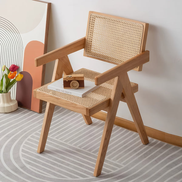 English Elm Modern Rattan Back Dining Chairs Set of 2 Solid Wood Frame Mid-century Seating W3101P414156