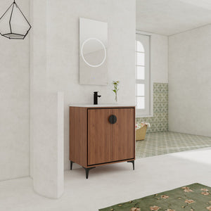 English Elm 30 LEVISTAR Bathroom Vanity with Drop-In Ceramic Sink, 2-Door Engineered Wood Cabinet, Brown, 30" W1972S00002