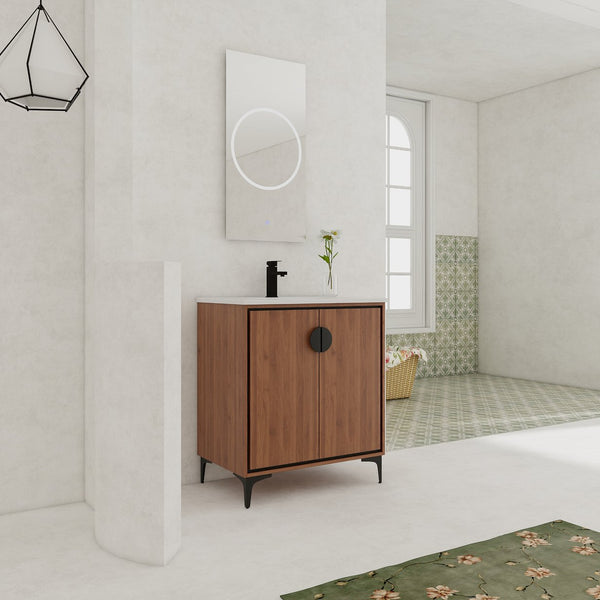 English Elm 30 LEVISTAR Bathroom Vanity with Drop-In Ceramic Sink, 2-Door Engineered Wood Cabinet, Brown, 30" W1972S00002