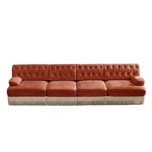 English Elm 135" Modular Chesterfield Sectional Sofa Velvet Tufted Tassel Skirt Lounge Seating Red+Brown W714S01725