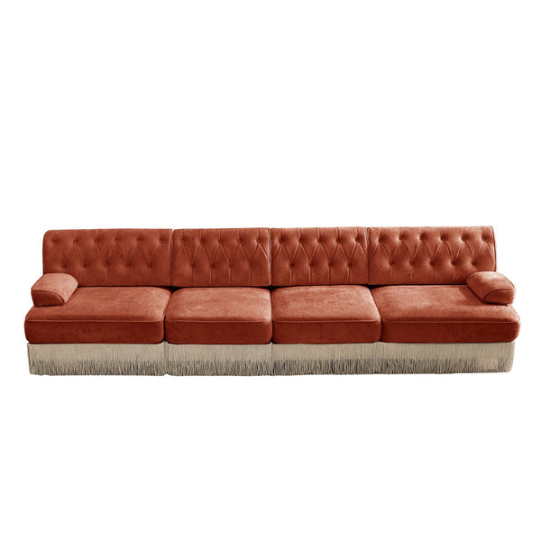 English Elm 135" Modular Chesterfield Sectional Sofa Velvet Tufted Tassel Skirt Lounge Seating Red+Brown W714S01725